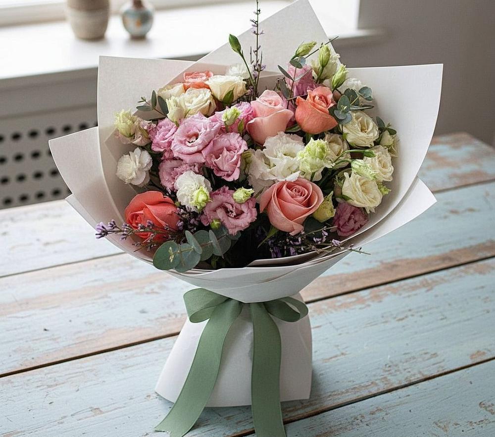 Букет цветов из: Розы, Лизиантусы и Гвоздики в Грицовский