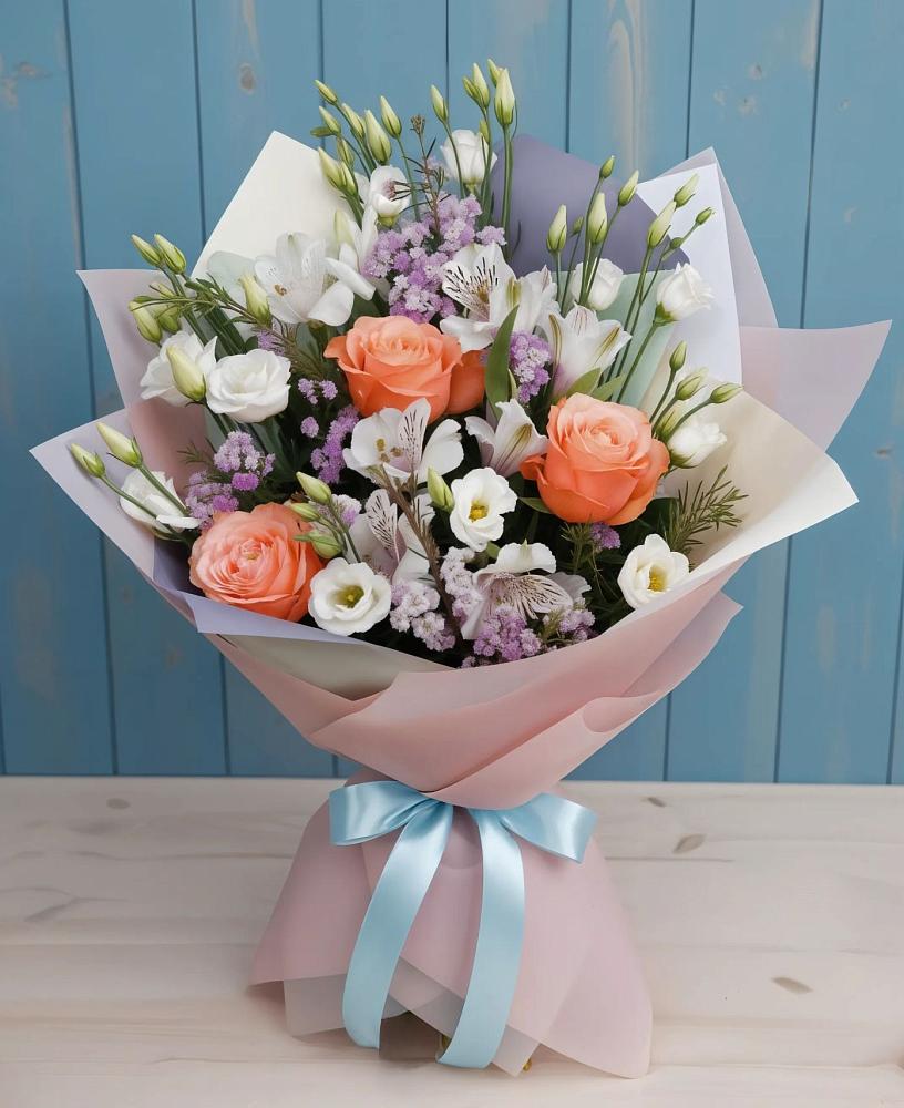 Букет цветов из: Лизиантусы, Розы, Альстромерии и Гипсофила в Грицовский